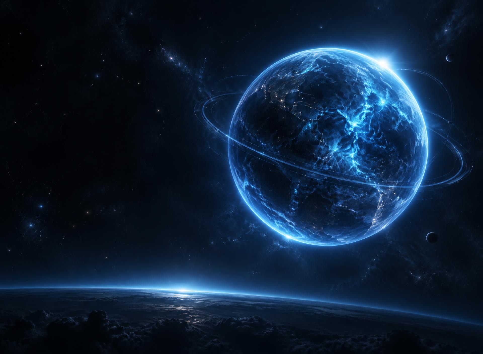 A luminous blue energy sphere orbiting above a deep-space horizon